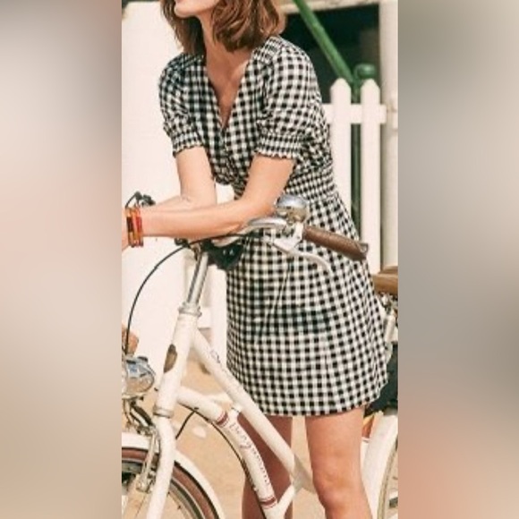 Sézane Gingham Sixtine dress, v neck, 100 % cotton, black and white, FR 36 - Picture 4 of 14